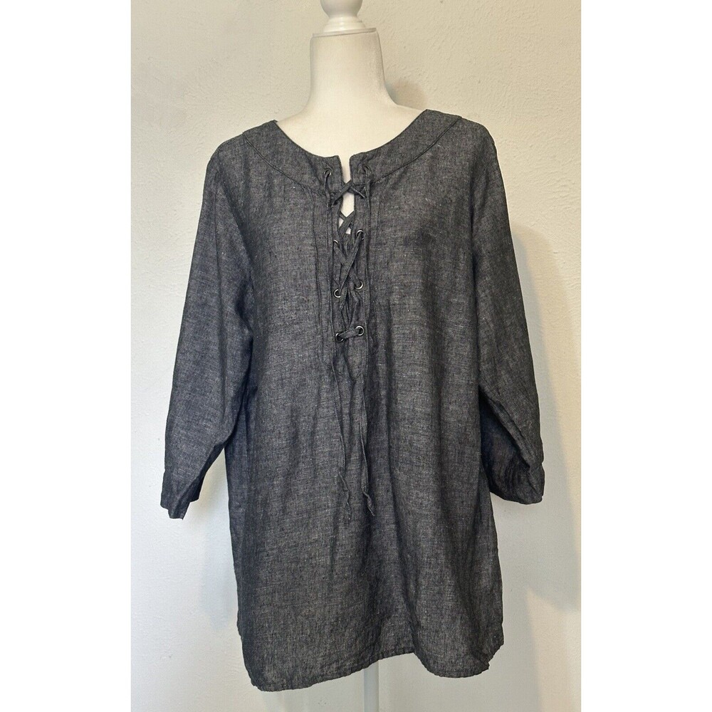 Harve Bernard Women1X Roll-Tab Sleeve Linen Blend Tunic Top Lagenlook Minimalist